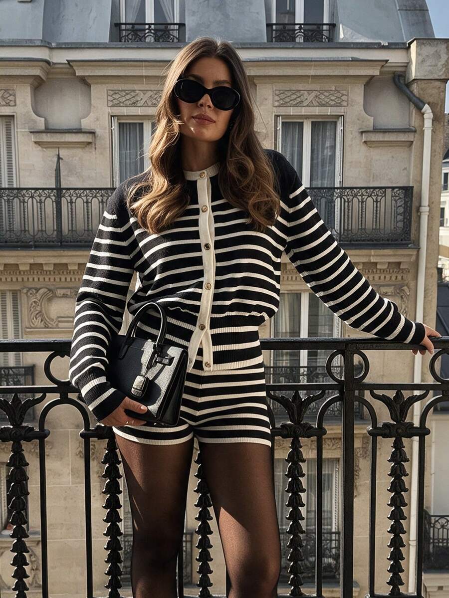 Fall/Winter Elegant Striped Cardigan, Going Out To Business, Waist-Cinching Knit Cardigan Top - Black and White - View 1