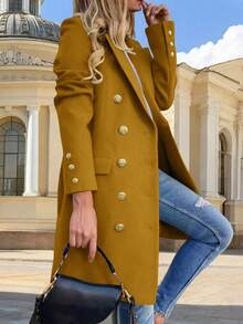Autumn/Winter Casual Double-Breasted Long Sleeve Wool-Like Fabric Overcoat For Women & Women's Wool-Like Fabric Overcoat With Peak Lapels And Double Button Detail Long Sleeve Regular Fit Jacket - Yellow - View 2