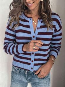 Women's Colorblock Striped Knit Cardigan, Basic Minimalist Knitwear, Autumn Outfit, Casual Style, Basic Outfit, Office Wear - Blue - View 4