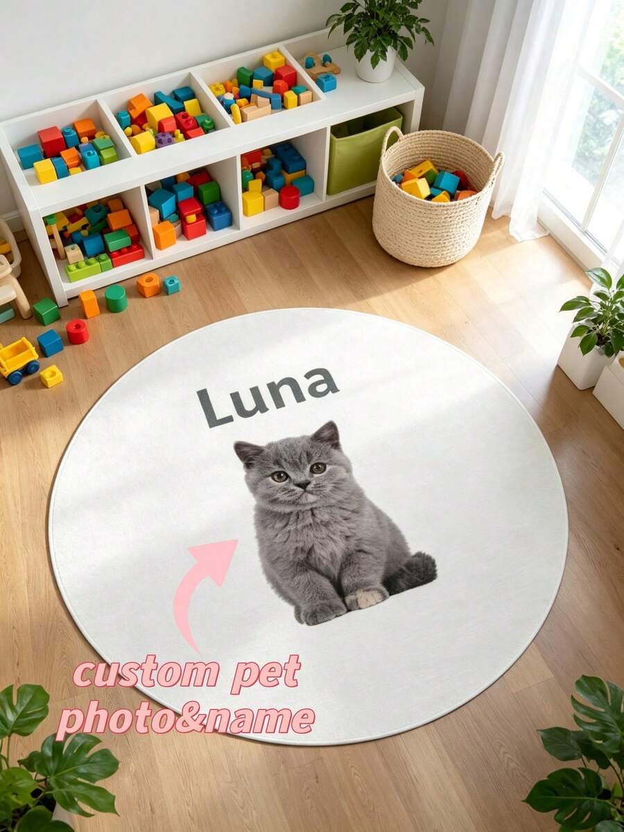 1pc Custom Pet Rug For Cats & Dogs, Personalized Pet Mat, Round Non Slip Pet Carpet, Custom Dog Cat Floor Rug, Living Room Bedroom Home Decor, Pet Lover Gift, Cute Animal Rug - Multicolor - View 1