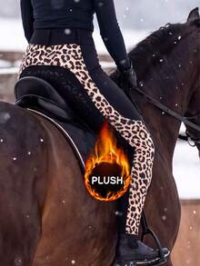 Women's Thermal Lined High-Waist Slim Fit Leopard Print Patchwork Anti-Slip Riding Pants, High-Waist Tummy Control Slim Fit, Fashionable Leopard Print Patchwork On Both Sides, Silicone Heat-Transfer Anti-Slip Technology, Contoured Leg Fit, Practical Side Pockets, Combines Athletic Performance And Daily Wear - Black - View 2