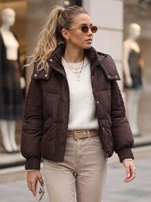 Women's Short Quilted Hooded Jacket, Detachable Hood, Zip & Snap Closure, Adjustable Hem - Chocolate Brown - View 1