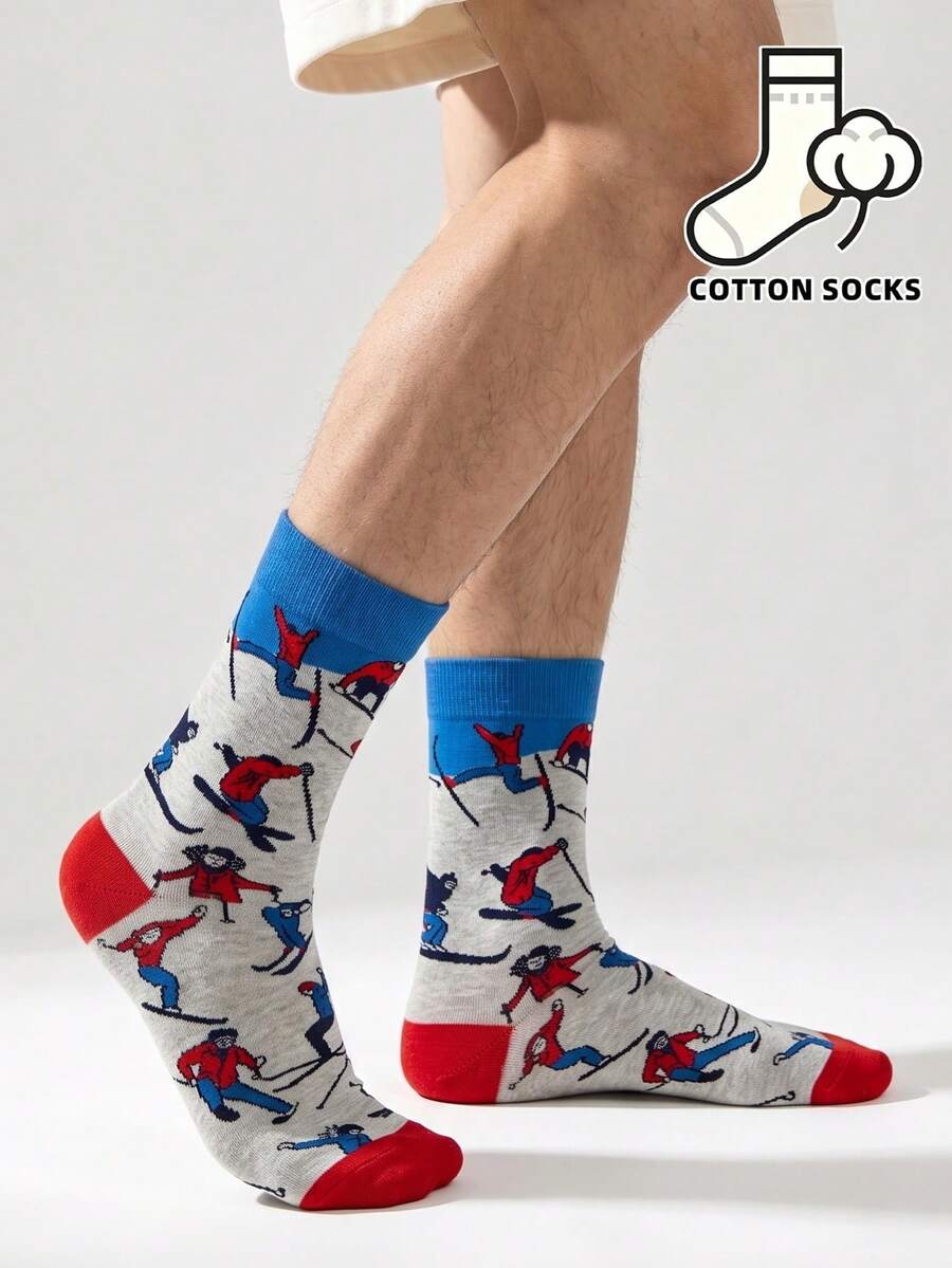 1 Pair Winter Ski Sports Pattern Round Mouth Socks, Gray Linen Color Casual Fashion Socks, Quirky Winter Aesthetic Socks, All-Over Print Ski Pattern Street Style Mid-Calf Socks, Comfortable Cotton Socks For All-Day Wear For Men - Multicolor - View 1