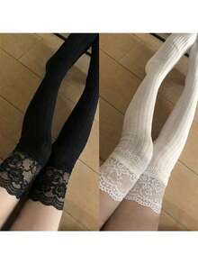 1 Pair Women's (Suitable For 60kg) Black Contrast Lace Comfortable Over-The-Knee Socks, Versatile For Daily Wear - Multicolor - View 9