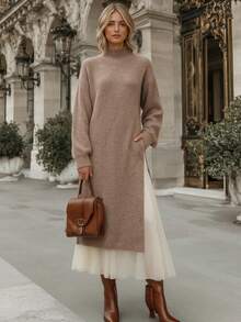 Women's New Autumn Round Neck Long Sleeve Off-Shoulder Knit Dress For Daily Wear, Travel And Vacation - Brown - View 3