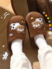 Winter Indoor Plush Slip-On Slippers For Women, Cartoon Cow Doll Decor, Fuzzy Bedroom Couple Slippers For Men And Women, Holiday Fun - Brown - View 8