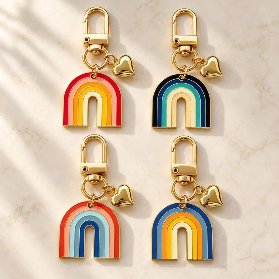1pc/3pcs/4pcs Unisex Alloy Rainbow Oil Drop Pendant, Gold 3D Heart Charm Keychain, Minimalist Bag Pendant Wallet Accessory - Multicolor - View 1