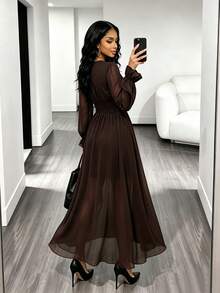 RNU Damen braunes V-Ausschnitt romantisches elegantes lässiges Urlaubs-Langarmkleid, Boho-Stil elegantes Puffärmel Rüschen V-Ausschnitt figurbetontes Maxikleid - Kaffeebraun - Übersicht 3