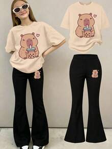 2pcs Round-Neck Short-Sleeve T-Shirt With A Printed Pattern Of A Capybara Drinking Milk Tea And Simple Flared Pants, New Summer Comfortable Set - Apricot - View 1