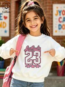 Girls' Cute Printed Drop-Shoulder Round-Neck Long-Sleeve Casual Sports Sweatshirt - White - View 1