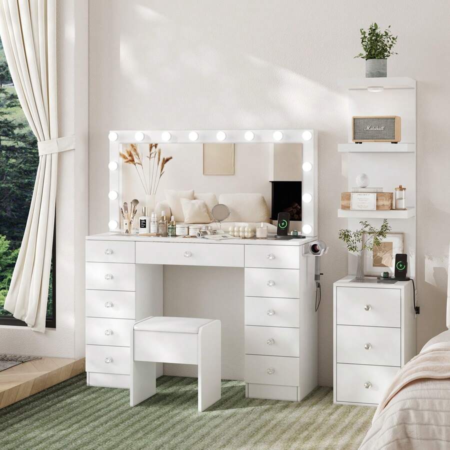 VOWNER 13.8" Narrow Dresser Sideboard With Power Outlet, Simple Display Cabinet With Glass Top, LED Light, 3 Drawers & Shelves, Tall Shelves Cabinet For Bedroom, Gifts For Halloween Thanksgiving - 查看 1