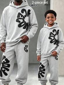 Lurzo Two Pieces Boys' Autumn And Winter Hooded Sweatshirt Set, Large Printed Long Sleeved Top+Comfortable Sweatpants, Outdoor Street Sports Back To School - Grey - View 1