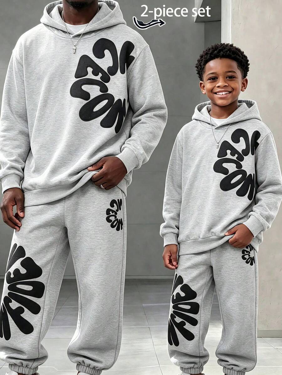 Lurzo Two Pieces Boys' Autumn And Winter Hooded Sweatshirt Set, Large Printed Long Sleeved Top+Comfortable Sweatpants, Outdoor Street Sports Back To School - Grey - View 1