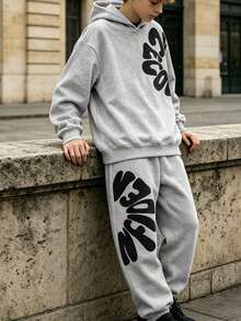 Lurzo Two Pieces Boys' Autumn And Winter Hooded Sweatshirt Set, Large Printed Long Sleeved Top+Comfortable Sweatpants, Outdoor Street Sports Back To School - Grey - View 4