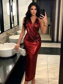 Women's Elegant Autumn Burgundy Metallic Fitted Halter Backless Slit Dress, Bodycon Long Dress, Suitable For Evening Party, Nightclub, Outing And Holiday Occasions, Christmas, New Year - Burgundy - View 1