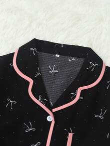 Women's Bow Print Long Sleeve Long Pants Pajama Set - Black - View 6