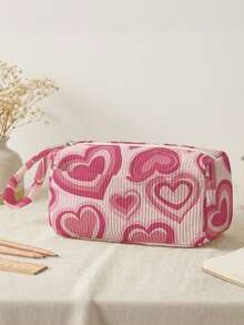 1pc Pink Love Print Corduroy Foldable Pencil Case With Side Pocket & Handle, Multi-Use Bag For School & Travel Essentials - Rose Red - View 3