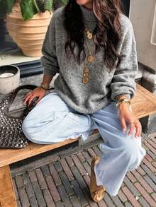 Women's Luxury Wool Blend Knit Sweater, Soft & Warm High Neck Loose Fit, Suitable For Commuting, Inner Layer Or Outerwear In Autumn/Winter - Grey - View 4