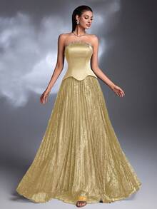 AMILUCK Women's Elegant Heavy Embellished Collar Handmade Beaded Strapless Ruffle 2-In-1 Pleated Accordion Lace Oversized A-Line Long Dress Wedding Autumn Formal Gown - Light Yellow - View 7