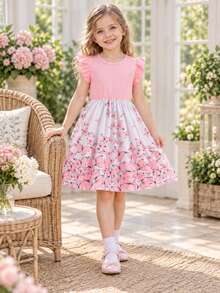 Tween Girls Elegant Floral Print Casual Cap Sleeve Ribbed Patchwork Dress, Summer - Baby Pink - View 4