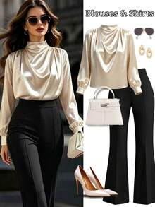 復古優雅女款通勤高領襯衫，法式復古香檳色緞面長袖上衣，高領垂墜百褶燈籠袖高級通勤優雅襯衫，適合商務會議、約會之夜、晚宴派對、婚禮賓客、半正式場合，秋冬時尚女式正裝 - 杏色 - 查看 1