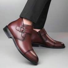 Men's Plus Size Buckle Ankle Boots With Side Zipper, Smooth Leather Upper, Round Toe, Low Chunky Heel, Business Formal Dress Shoes - Brown - View 7