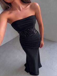 Women's Strapless Shiny Elegant Waist-Cinching Ball Gown Dress - Black - View 3