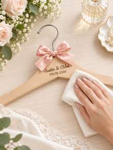 1pc Personalized Engraved Wedding Wooden Hanger, Custom Names & Date Bridal Dress Hanger With Satin Ribbon Bow, Wedding Keepsake, Bridal Shower Gift For Bride, Wedding Photo Prop - Multicolor - View 9