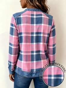 Plus Size Women's Pink & Blue Plaid Long Sleeve Button-Up Top, Casual Knit Shirt For Autumn/Winter - Pink - View 3