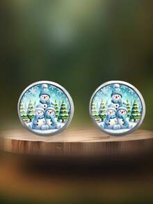 YUJUGLOW 1 Pair Christmas Cartoon Snowman & Christmas Tree Pattern 316 Stainless Steel Round Stud Earrings, Suitable For Women's Daily Wear - Baby Blue - View 1