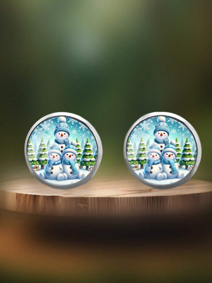 YUJUGLOW 1 Pair Christmas Cartoon Snowman & Christmas Tree Pattern 316 Stainless Steel Round Stud Earrings, Suitable For Women's Daily Wear - Baby Blue - View 1