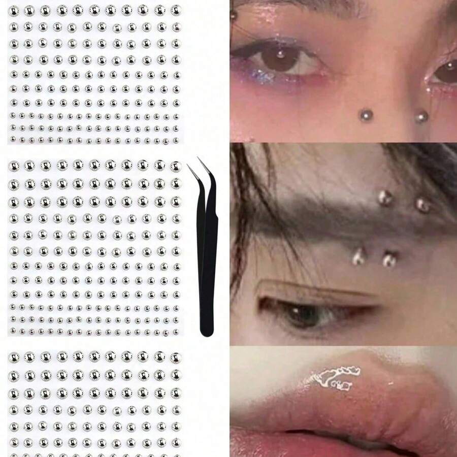 2/1pc Lip Piercing Jewelry, Y2K Style Fake Piercing Jewelry (Nose Stud, Eyebrow Stud), No-Piercing Silver Belly Button Sticker,DIY Face Rhinestone Stickers, Self‑Adhesive Eye Gems, Halloween Christmas New Year Stage Makeup Decor - Multicolor - View 1