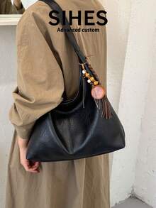 1pc Solid Color PU Leather New Women's Bag, Shoulder Bag, Fashionable Versatile Crescent Bag, Magnetic Closure, Dual Handles, Suitable For Commuting, Shopping, Dating - Black - View 6