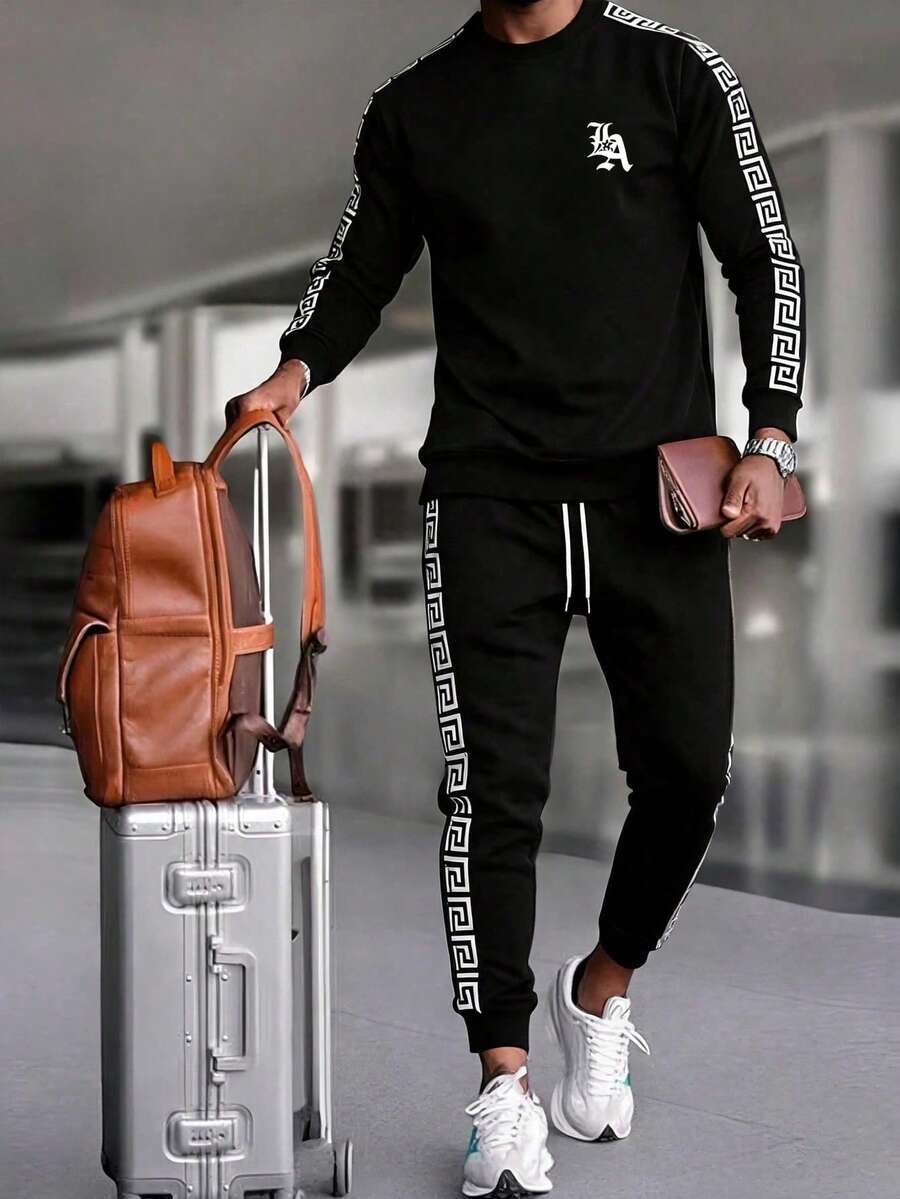 Men's Autumn Outdoor Sports Pullover Sweatshirt & Jogger Pants Set, Fashionable Minimalist Casual Daily Commute Outfit - Black - View 1