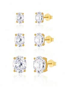 AnlaScheer 1 Pair Gold Tone 0.5CT-2CT 5A Cubic Zirconia Oval Cut Stud Earrings, S925 Sterling Silver Hypoallergenic Women's Jewelry, Daily Party Birthday Gift - Gold - View 7