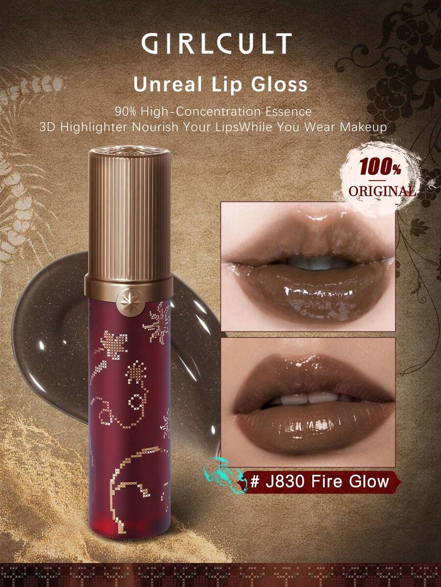 GIRLCULT Unreal Lip Glaze Loulan Series J830 Fire Glow, Kilap Tinggi dan Hasil Akhir Mengkilap, Melembapkan dan Tidak Lengket, Tekstur Jelly Ringan, Warna Dapat Dibangun, Cocok untuk Penggunaan Sehari-hari, Hadiah