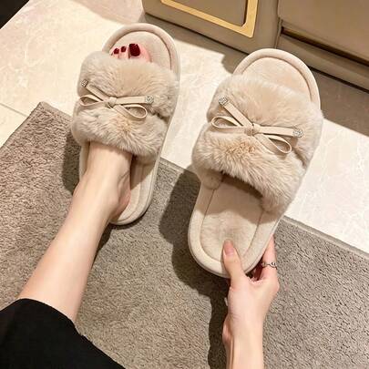 Women's All-Season Indoor Slippers, Winter Home Slides, Comfortable Fluffy Faux Fur Slippers, Warm Soft House Shoes