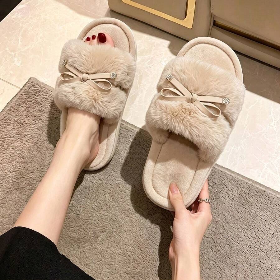 Women's All-Season Indoor Slippers, Winter Home Slides, Comfortable Fluffy Faux Fur Slippers, Warm Soft House Shoes