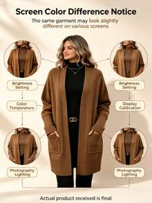 Áo cardigan len dệt kim dáng vừa cho mùa thu đông size lớn, vạt mở, có túi, tay dài, phom thoải mái, áo khoác ngoài mặc hằng ngày đi làm cho quý cô dáng đầy đặn - màu nâu - Xem 10