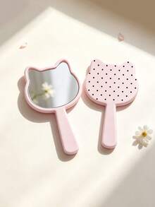 Cute Cat Polka Dot Pattern Hand-Held Mirror, With Moisture-Proof Mirror Surface, Suitable For Bathrooms. Lightweight, Portable And Easy To Use. Ideal For Christmas/ Wedding Season/ Valentine's Day. - Multicolor - View 5