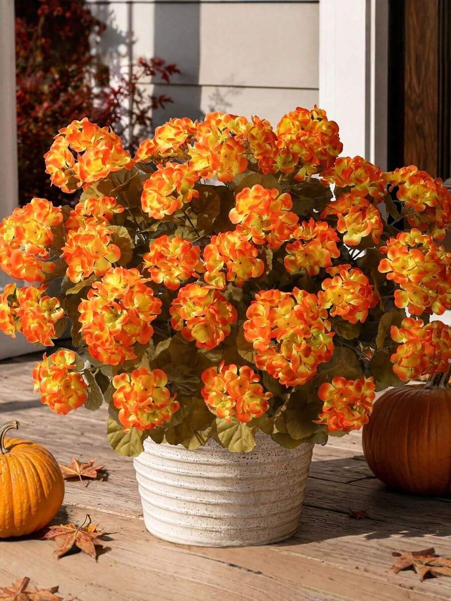 4pcs Set Artificial Geranium Flowers, Outdoor Autumn Decoration, 4 Bundles Silk Texture Realistic Fake Autumn Floral Plants, Suitable For Front Door, Garden Planters, Patio, Balcony, Yard, Home Indoor, Orange Yellow - Multicolor - View 1