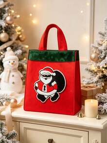 1Pc Red & Green Santa Patch Tote Bag, Vintage Style Rectangular Handbag, Gift Carrier For Christmas Holiday Gift Packing,Shower Curtain For Bathroom,Shower Curtains - Multicolor - View 3