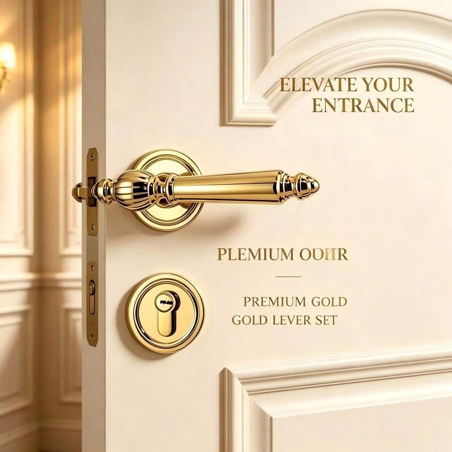 1 Set Aluminum Alloy Door Lock With Lock Body And Lock Cylinder Or 2 Handles, 3 Keys, Suitable For Bedroom, Room, Study Interior Doors, Oval Door Handle Easy To Use, Exquisite Craftsmanship, PVD Gold Color Vibrant, Overall Effect Very Perfect - PVD Gold - View 1
