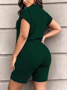 Spring Summer Autumn Women's New Fashion 2-Piece Casual Set, Solid Color Short Sleeve Top With Heart Print Shorts, Spring Break Outfit Elegant - Dark Green 37 - View 4