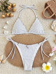 Maillot de bain bikini deux pièces femme à pois noir & blanc, licou, liens latéraux, décoration métallique, coupe haute, pour la plage - Multicolore - Voir 2