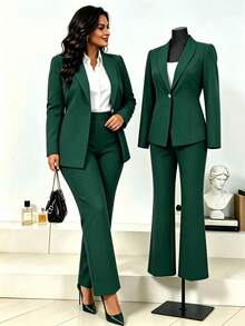 Plus Size Women's Casual 2-Piece Set, Elegant Plus Size Professional Suit With Button Detail, Regular Sleeve Blazer And Pants, Suitable For Business, Office, Exhibitions, Formal Meetings - Dark Green - View 1