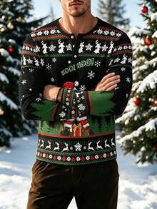 Men's Autumn/Winter Christmas Party Santa Claus Snowflake Reindeer Button Collar Long Sleeve T-Shirt - Multicolor - View 5