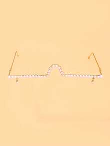 1pc Pearl Decorated Lensless Frame, Half-Rim Glasses With Hanging Pearl Pendant, Women's Fashion Party Photo Prop Facial Accessory - Pearl - View 10