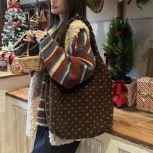 Dedoo 女款深棕色泰迪絨托特包，白色小愛心印花，鈕扣開合，大容量可愛單肩包，適合購物、日常出行、秋冬季節 - 棕色 - 查看 5