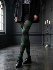 1pc Diamond Grid Pattern Slimming Shaping Tights, Vintage Style Fitted Base Layer Tights, Mixed Color Design Sexy Tights, Elegant Versatile Daily And Party Wear - Multicolor - View 9
